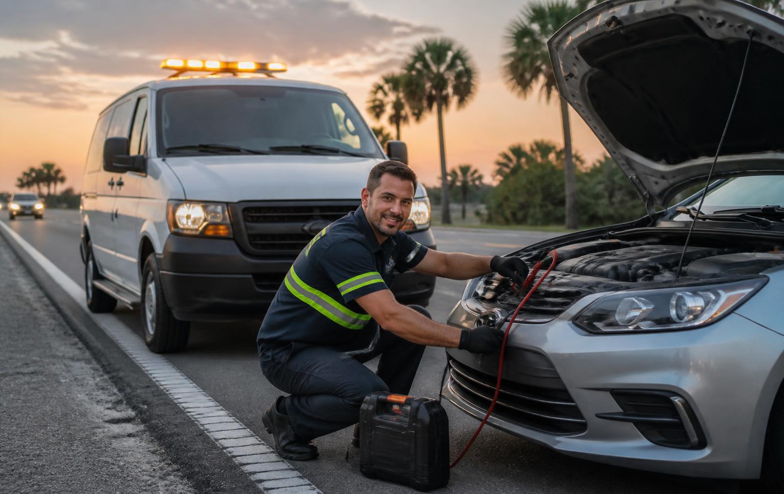 Roadside assistance technician jump starting a car on a Broward County road